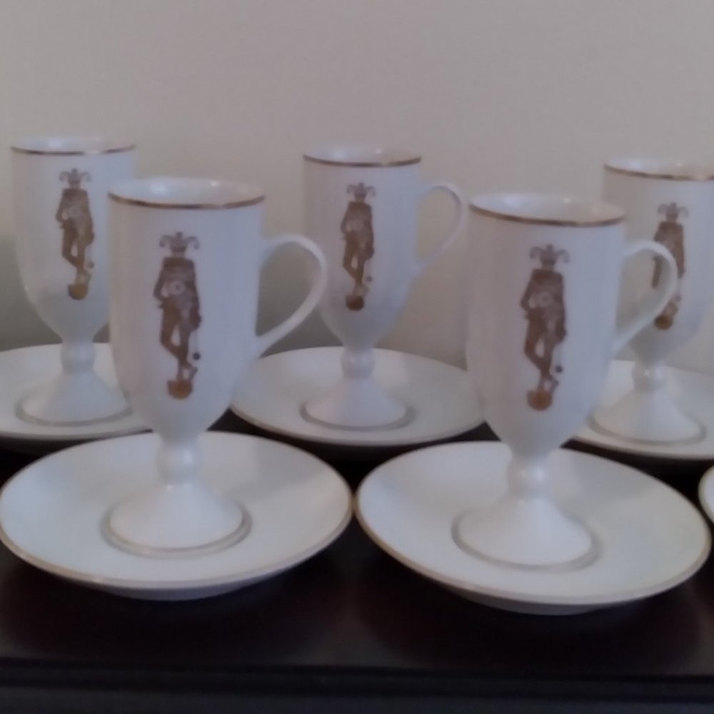 Eight Rare Fitz & Floyd Jester by D.H. Holmes Demitasse Cups & Saucers